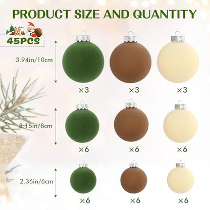 Velvet Christmas Ornaments Set - 45 Mixed Sizes in Brown Green and Off-White