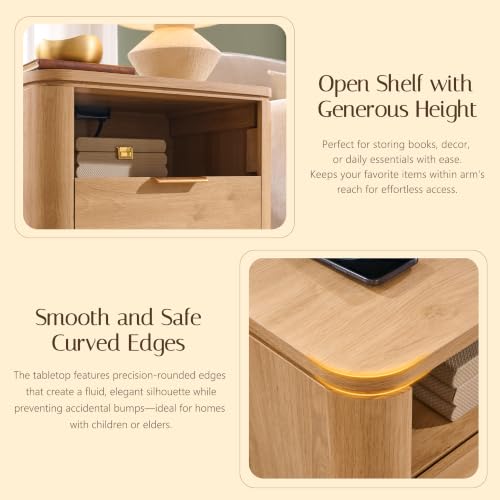 24" Tall Nightstand with Charging Station - 2 Drawers + Open Shelf, Natural (22" W x 15" D x 24" H)