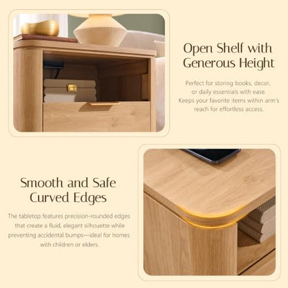 24" Tall Nightstand with Charging Station - 2 Drawers + Open Shelf, Natural (22" W x 15" D x 24" H)