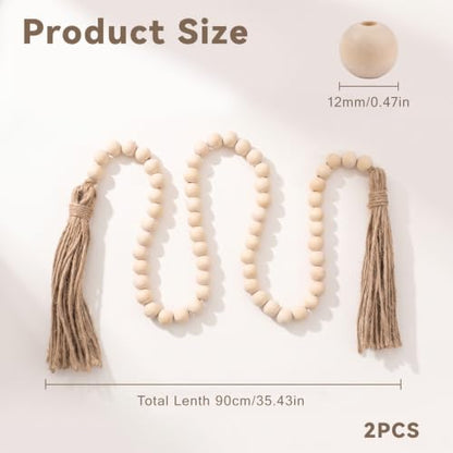Farmhouse Wood Bead Garland with Tassels - Rustic Home Decor, 35 Inches