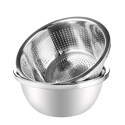 Linkidea 304 Stainless Steel Colander with Bowl Set of 2, Kitchen Strainer, Washer, Drainer Basket with Basin for Vegetable, Fruits, Pasta, Salad Mixing, Food Prep, Heavy Duty & Dishwasher Safe