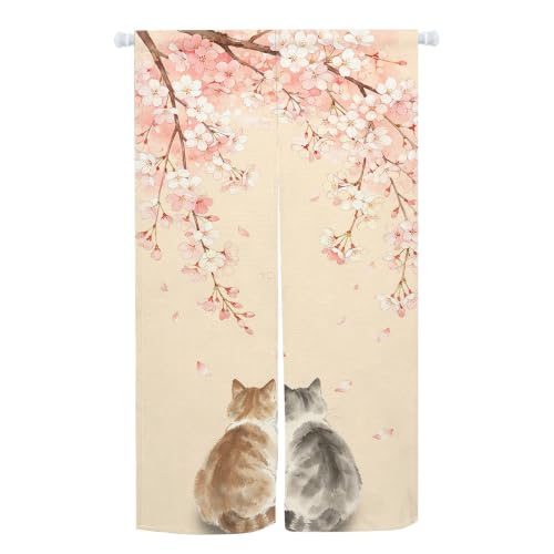 Japanese Noren Doorway Curtain Cherry Blossom Ink Cat Design 33.5x59 Inch - Pink Grey