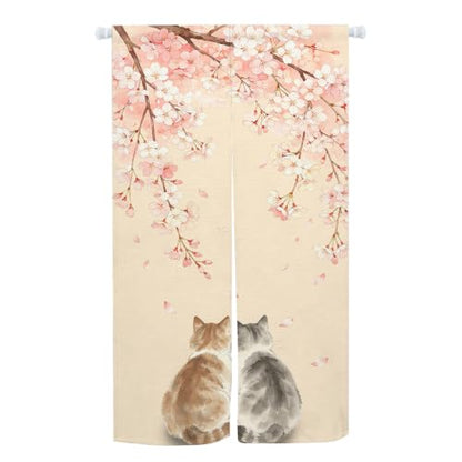 Japanese Noren Doorway Curtain Cherry Blossom Ink Cat Design 33.5x59 Inch - Pink Grey