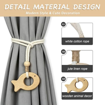Farmhouse Curtain Tie Backs with Wooden Fish - Boho Rope Drapery Holdbacks, Set of 2 - Natural Decor