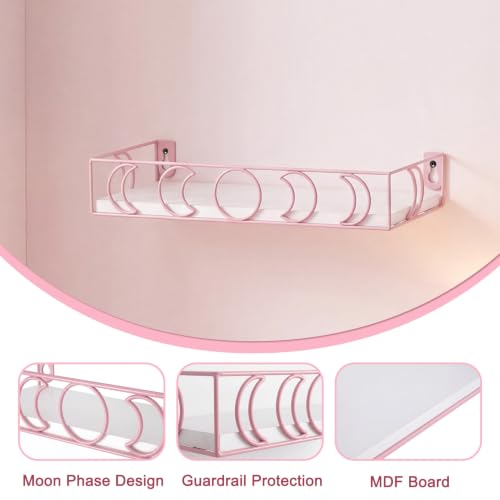 Moon Phase Floating Shelves Set of 3 - White Pink Wall Storage Decor