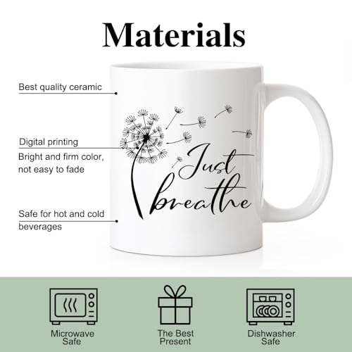 Just Breathe Novelty 11oz Coffee Mug - Funny Dandelion Floral Gift for Yoga & Meditation Lovers