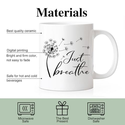 Just Breathe Novelty 11oz Coffee Mug - Funny Dandelion Floral Gift for Yoga & Meditation Lovers