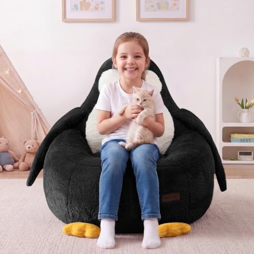 Kids Bean Bag Chair with Penguin Backrest - Black, Standard Size