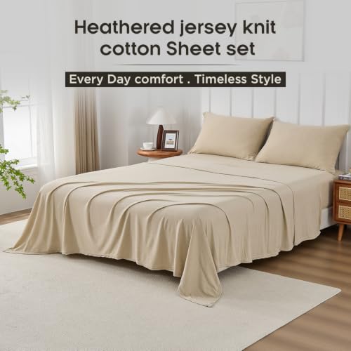 Queen Size Heathered Jersey Knit Cotton Sheet Set - Oatmeal | 4 Pieces