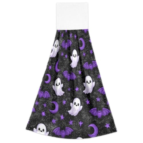 Halloween Ghosts Purple Bats Moons Kitchen Towels Set - Hanging Dish & Hand Towels, 2 Pieces, Variation of Halloween 1