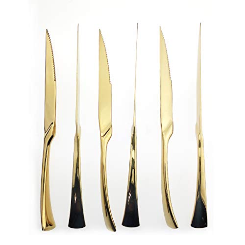 Heavy Duty Stainless Steel Steak Knives Set of 6 - Gold Mirror Finish, Sharp & Elegant