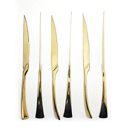 Heavy Duty Stainless Steel Steak Knives Set of 6 - Gold Mirror Finish, Sharp & Elegant
