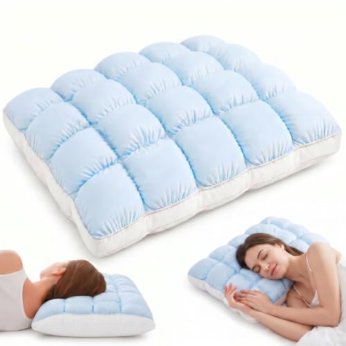Baby Blue Fluffy Cloud Cooling Pillow with Ice Silk Cover for Sleep, Supportive & Machine Washable