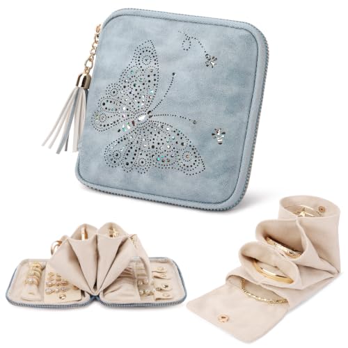 Travel Jewelry Case Organizer Small Velvet Pouch with Compartments - Blue