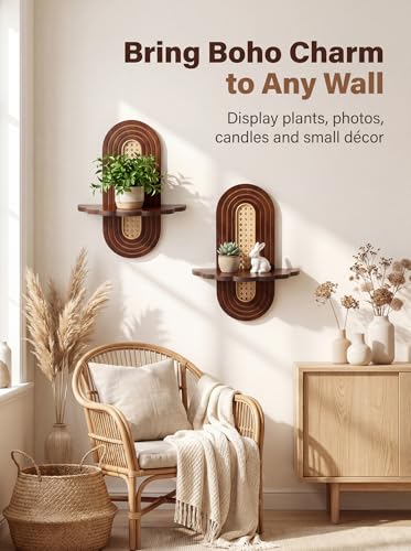 Boho Wall Shelves 2 Pack - Bamboo with Handwoven Rattan for Plants & Decor
