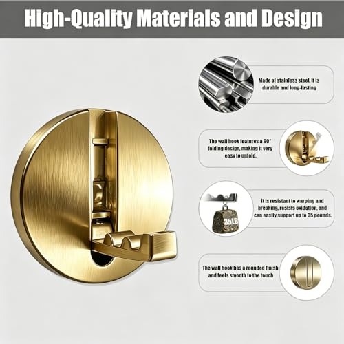 Brushed Gold Foldable Shower Towel Coat Hooks 2PCS Heavy Duty Wall Mount