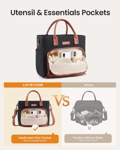 Large Insulated Lunch Bag for Women - 13L Black Beige Brown - Leakproof & Organized