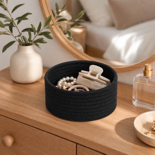 Small Woven Cotton Rope Basket for Organization - Black