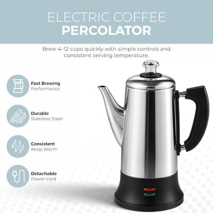 12-Cup Electric Coffee Percolator Stainless Steel Easy Use & Keep Warm