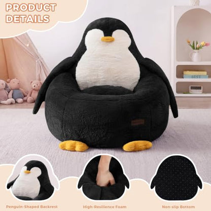 Kids Bean Bag Chair with Penguin Backrest - Black, Standard Size