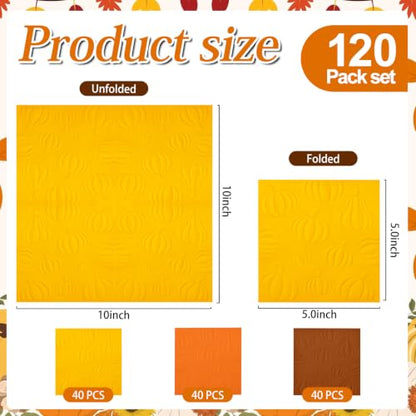 Fall Embossed Pumpkin Paper Napkins for Thanksgiving Harvest Tableware - 120 Pack, Orange, Yellow, Brown