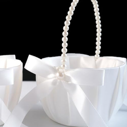 2 Pack Ivory Flower Girl Baskets for Wedding with Pearl Bow Handles