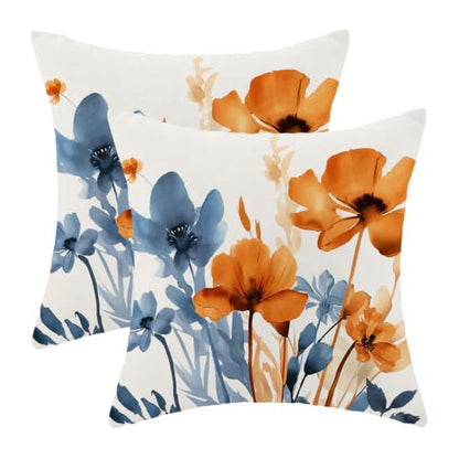 AEIOAE Blue and Orange Floral Pillowcase Set of 2 - 18 x 18 Inches, Linen Blend, Double-Sided Print, Hidden Zipper, Spring Bedroom Decor