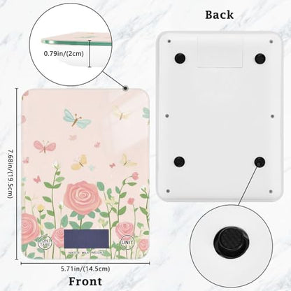 QwThum Food Scale Kitchen Digital Scale Food Ounces and Grams Dieting Baking Cooking Waterproof Glass Panels LCD Display,4 Units Scale Tare Function Pink Roses and Dragonfly Butterfly