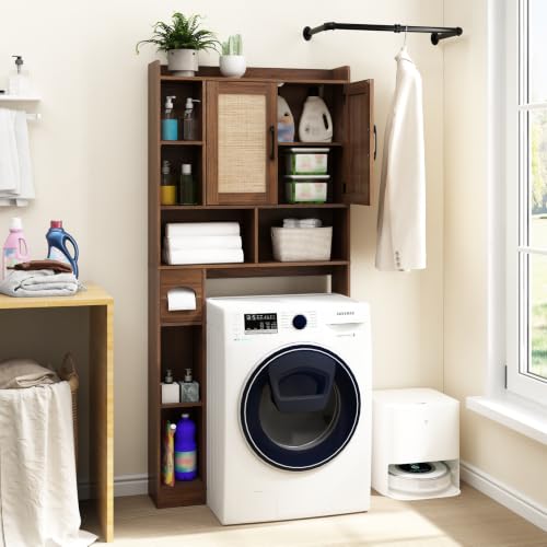 Rattan Over The Toilet Storage Cabinet - Walnut Finish Bathroom Organizer