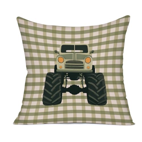 Monster Truck Room Decor Pillow Cover 18x18 Car Green for Boys Bedroom