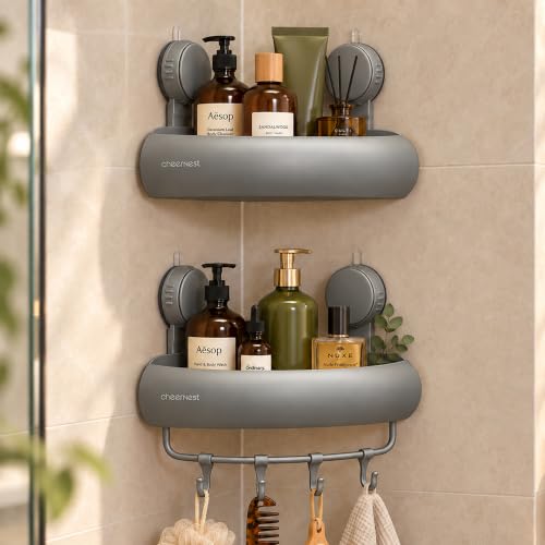 Dark Gray Corner Shower Caddy with Suction & Adhesive Mounts - Removable Bathroom Organizer Shelves