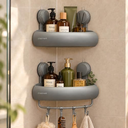 Dark Gray Corner Shower Caddy with Suction & Adhesive Mounts - Removable Bathroom Organizer Shelves