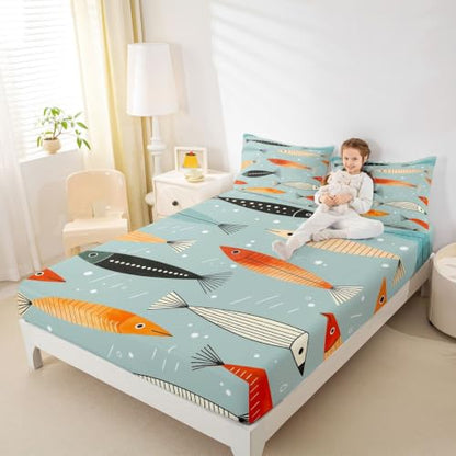 Grey-Blue Queen Size Fish Sheets Set - Colorful Nautical Bedding for Kids & Adults