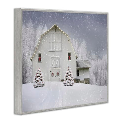 Winter Barnscape Holiday Framed Giclee Print 11x14 in - Gray Farmhouse Frame