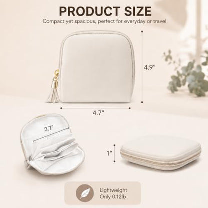 Small Travel Jewelry Case Beige Soft Leather Velvet Lined Organizer Pouch