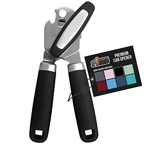 The Original Gorilla Grip Heavy Duty Stainless Steel Smooth Edge Manual Hand Held Can Opener With Soft Touch Handle, Rust Proof Oversized Handheld Easy Turn Knob, Large Lid Openers, Black