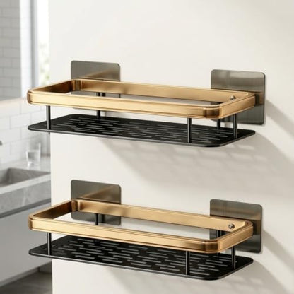 Wall Mounted Bathroom Shelf No Drill Black Gold Aluminum Vanity Organizer