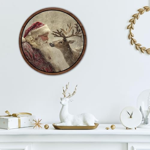 Christmas Santa Reindeer Wooden Wall Art Sign - 10 Inch Holiday Decor - XMAS-2