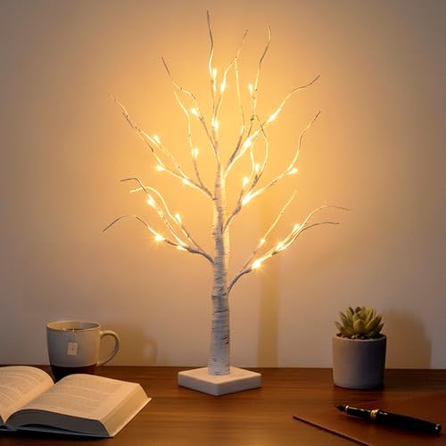 Lighted Birch Tree Christmas Decorations - 2FT Mini LED Tree with Timer, Indoor Table Centerpiece