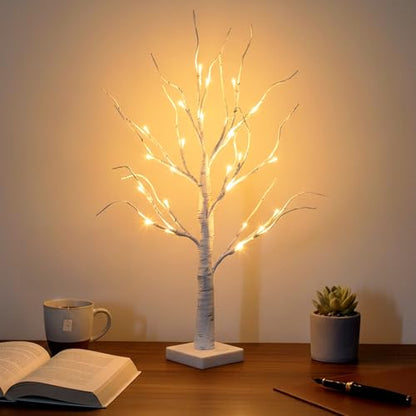 Lighted Birch Tree Christmas Decorations - 2FT Mini LED Tree with Timer, Indoor Table Centerpiece