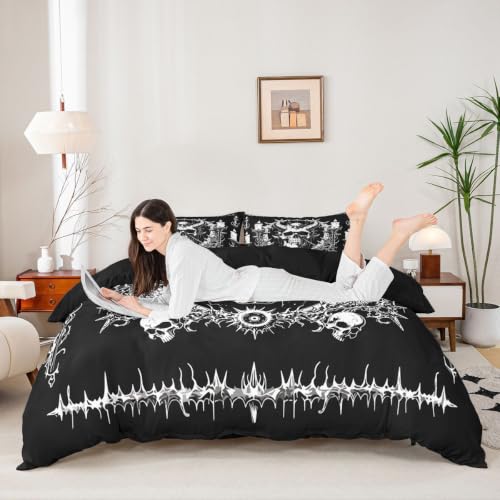 Gothic Skull Duvet Cover Set Full Size Horror Bedding with Moon Skeleton Design for Kids & Teens - No Comforter