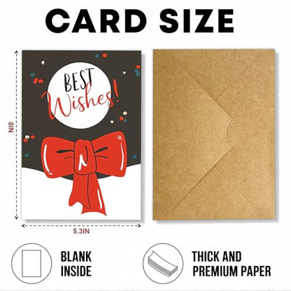 Christmas Greeting Card with Red Ribbon Bow - Elegant Holiday Note Card for Friends & Family (12 Pack)