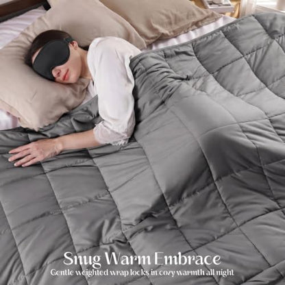 Weighted Blanket with Sleep Mask - Grey, 48 x 72 inches, 15 lbs, Twin Size, All-Season Breathable Comfort