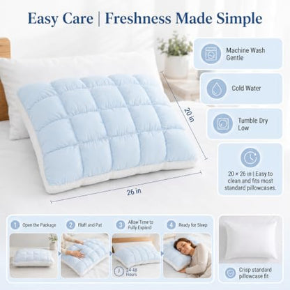 Baby Blue Fluffy Cloud Cooling Pillow with Ice Silk Cover for Sleep, Supportive & Machine Washable