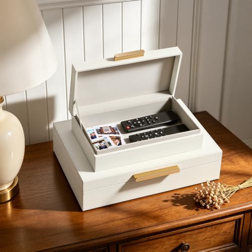 Decorative Storage Boxes with Lids - PU Leather Bins, Ivory White, Set of 2