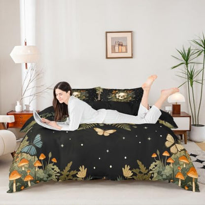 Gothic Skull Duvet Cover Set Queen Size Halloween Bedding - No Comforter, Black Green