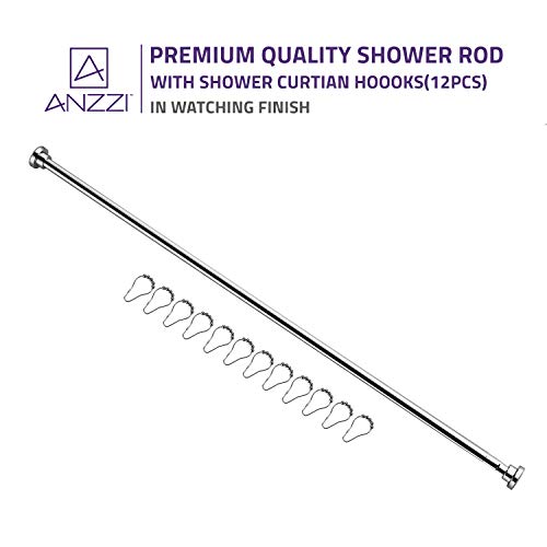 ANZZI 35-55 Inches Shower Curtain Rod with Shower Hooks in Brushed Nickel, Adjustable Tension Shower Doorway Curtain Rod, Rust Resistant No Drilling Anti-Slip Bar for Bathroom, AC-AZSR55BN