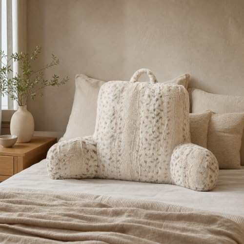 Snow Leopard Faux Fur Backrest Pillow with Armrests for Adults