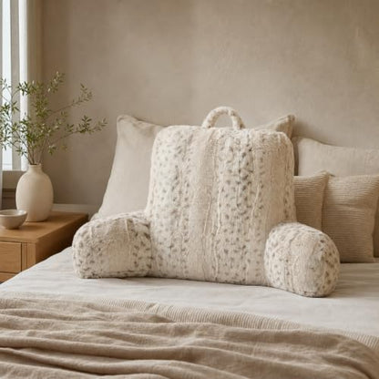 Snow Leopard Faux Fur Backrest Pillow with Armrests for Adults
