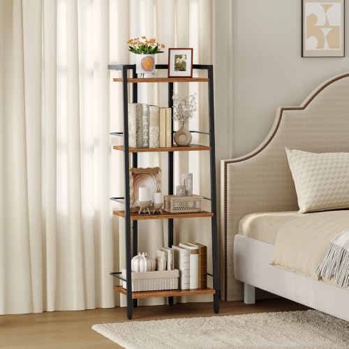 Rustic Brown 4-Tier Ladder Shelf Bookcase with Adjustable Feet